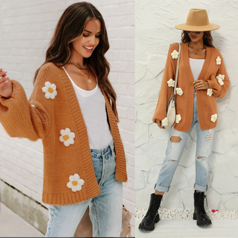 

Mandylandy Women Elegant Autumn Winter Floral Knitted Loose Cardigan Sweater Top Fashion Long Sleeve Open Front Knitwear
