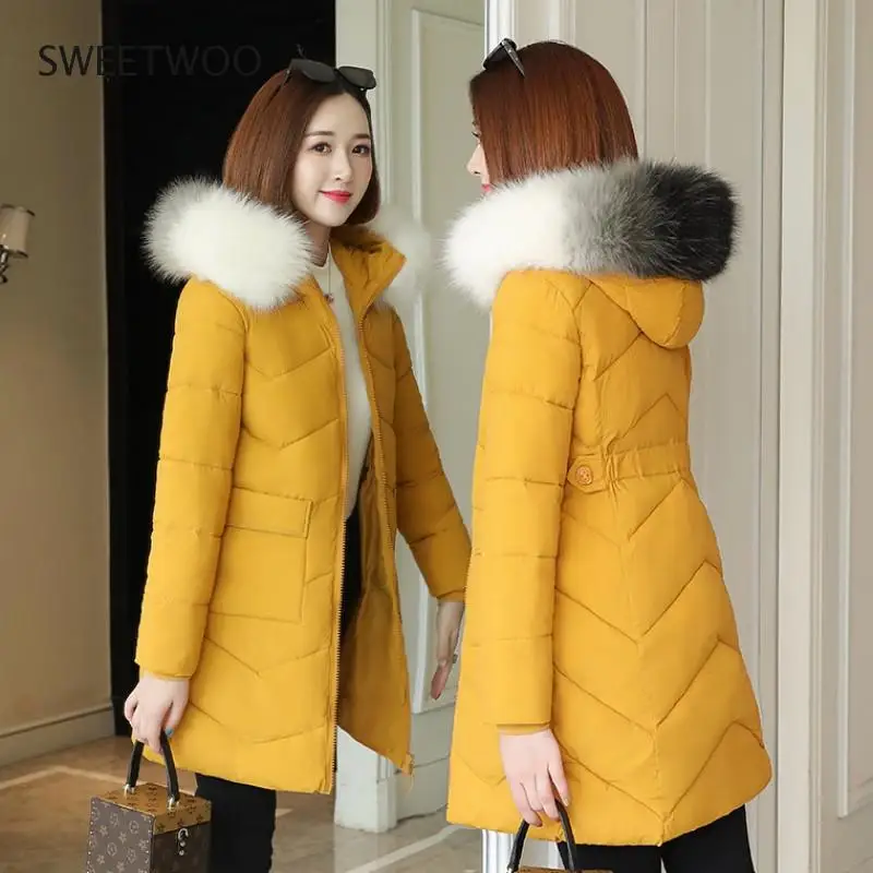 2020 Winter Jacket Women Parka Fur Collar Casual Hooded Slim Long Coat Fashion Female Jacket Cotton Padded Warm Outwear 8 Color