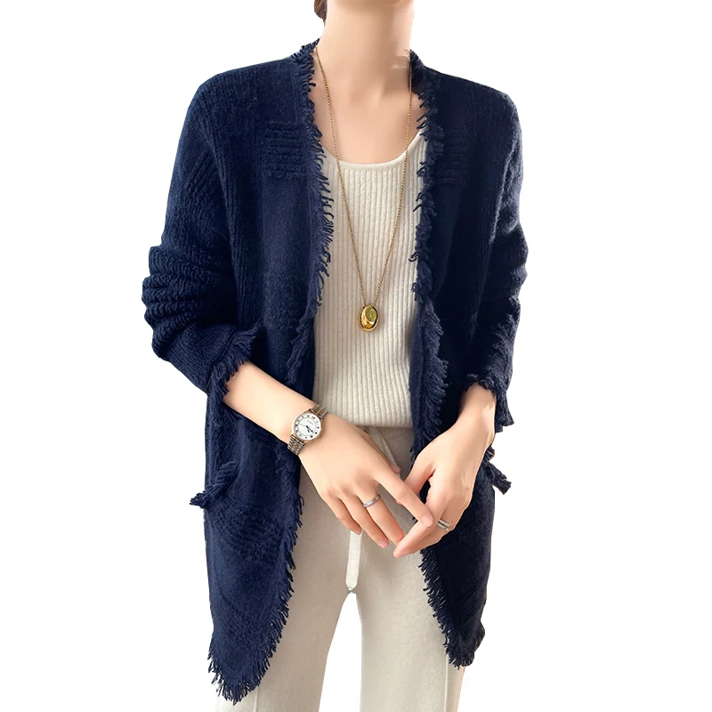 Повседневный свободный кашемировый вязаный женский кардиган свитер с V-образным