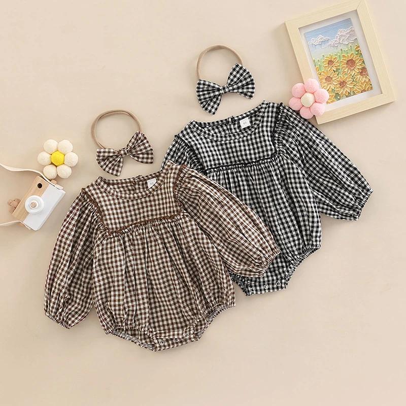 

Newborn Infant Baby Girl’s Long Sleeve Romper Wih Headband Fashion Casual Plaid Printed Round Neck Stitching Bodysuit For 0-18M