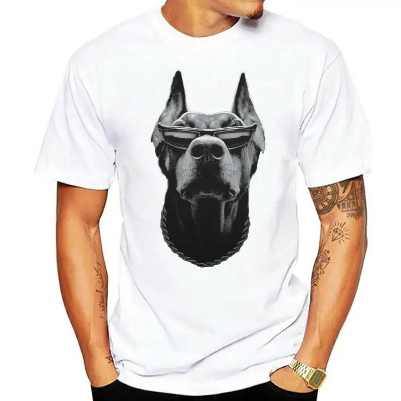 

Doberman T-Shirt Black Big Animal Print Dog with Sunglasses and Chain BABA