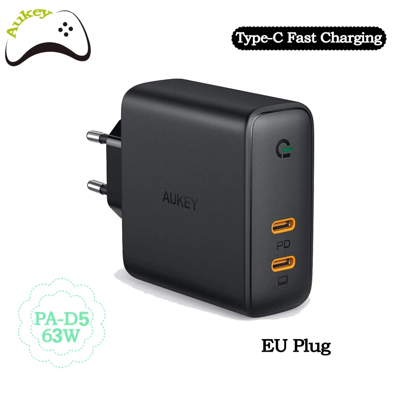 Оригинальный адаптер для быстрой зарядки AUKEY PA-D5 63 Вт двойной порт PD USB-C настенная