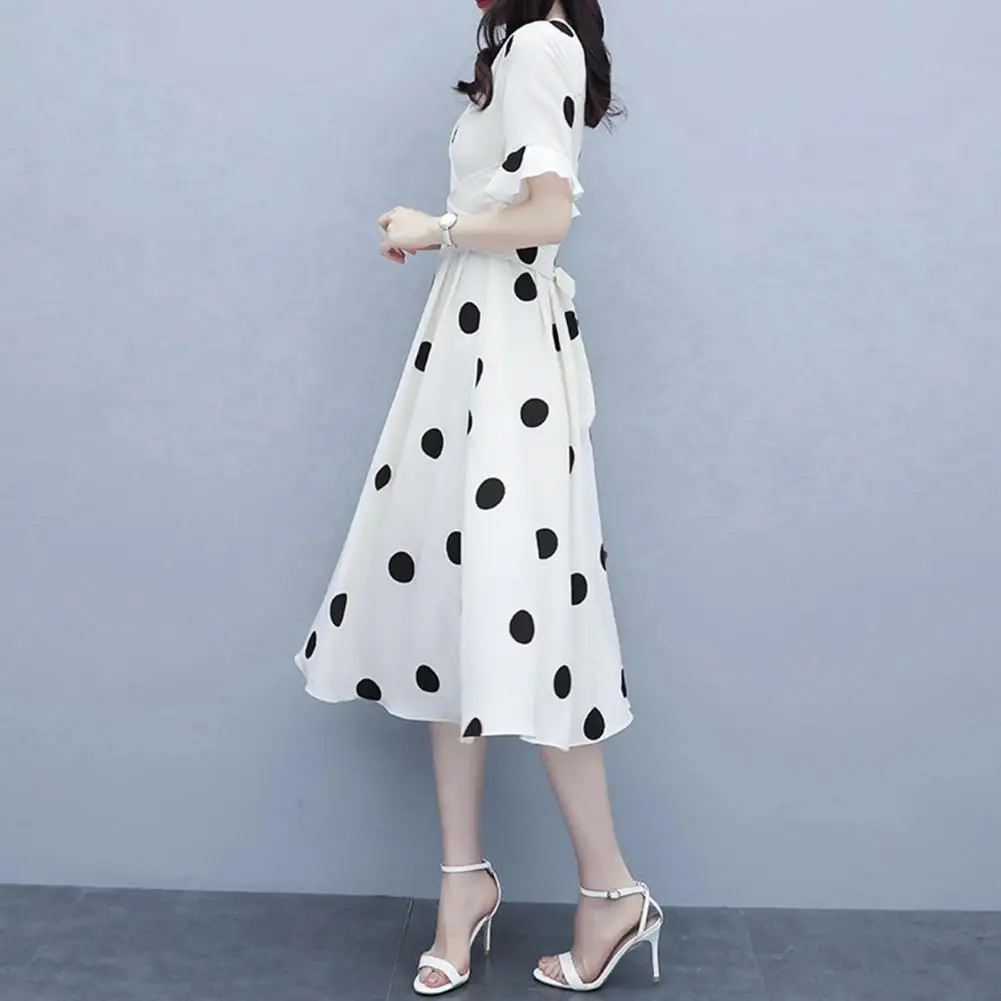 Trendy Casual Dress Ruffle Short Sleeve Versatile Mid-calf Length Simple Dot Pattern Elegant Dress