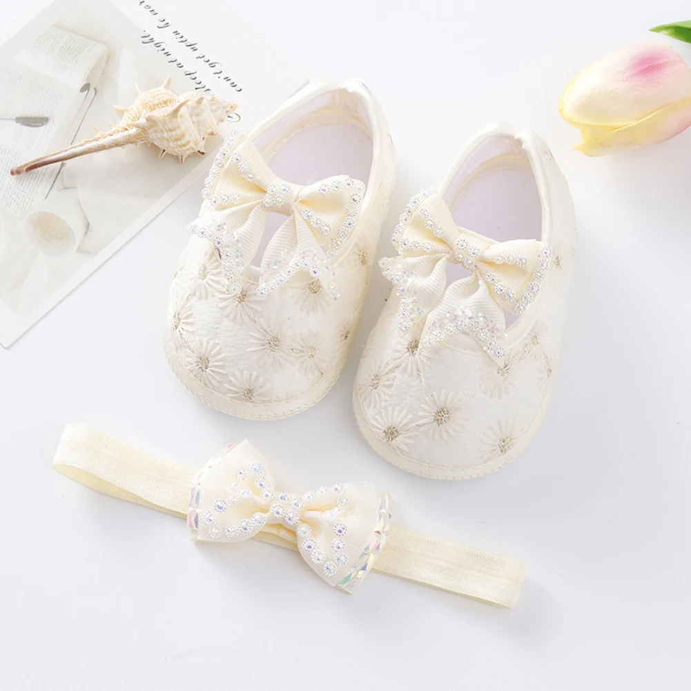 

Baby Girls Flats First Walkers + Hair Band Set Infant Non-Slip Bowknot Shoes Newborn Princess Wedding Shoes 0-12 Months For Kids