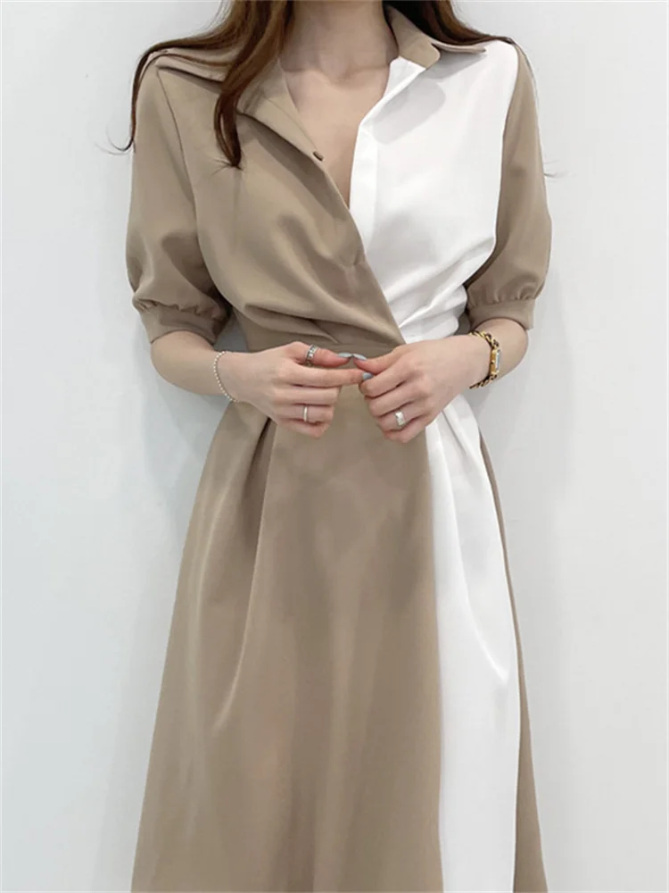 

Женское платье с отложным воротником Syeazeam, корейское шикарное платье-Блуза контрастных цветов на одной пуговице, с коротким рукавом и поясо...