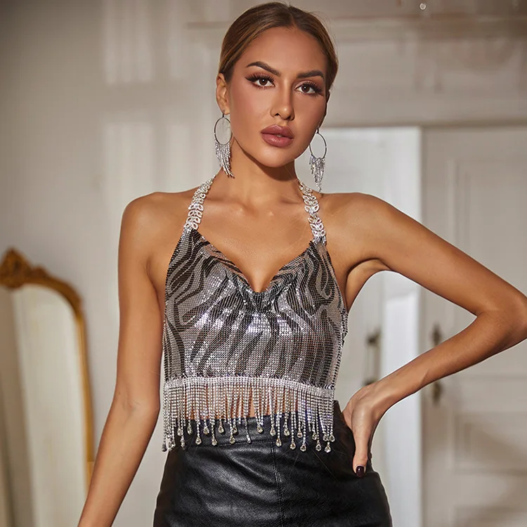 

Женская блузка на бретельках EuFashion, металлическая рубашка с полосками зебры, с бретельками и кисточками, сексуальное Ювелирное Украшение для тела с блестками