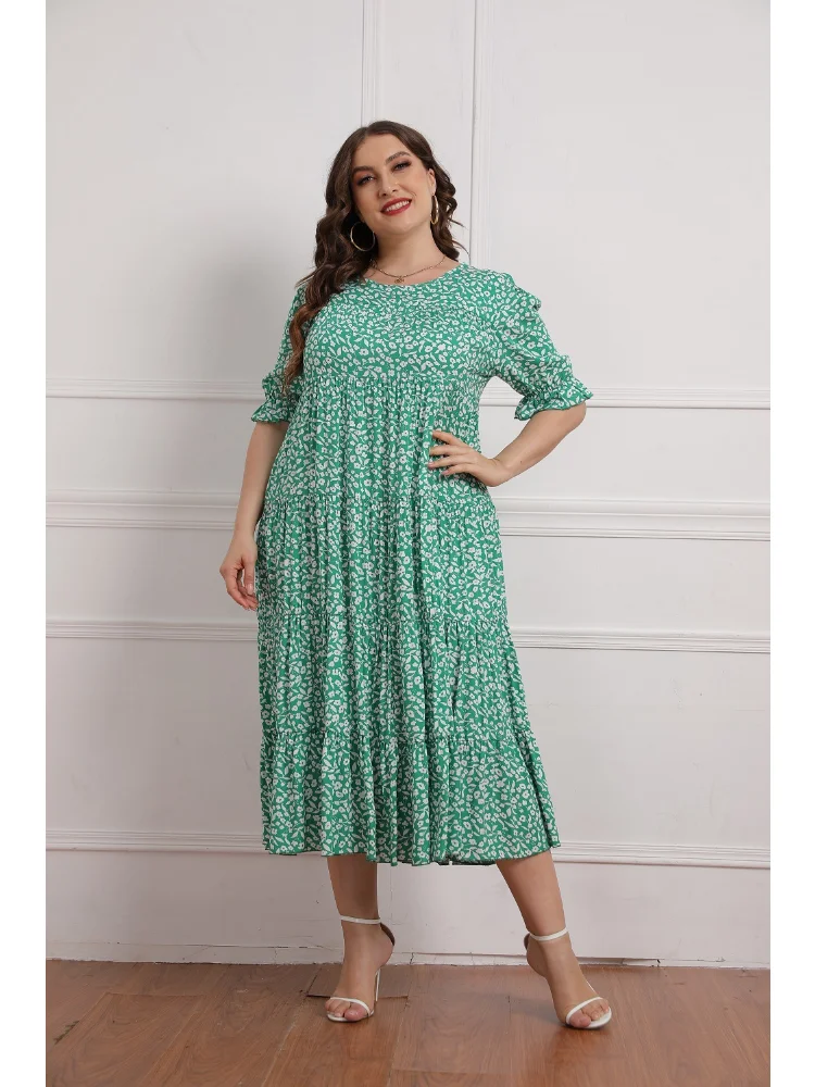 Large Women's Summer New Short Sleeve Cotton Print Loose Dress  long sleeve plus size women clothing plus size dresses