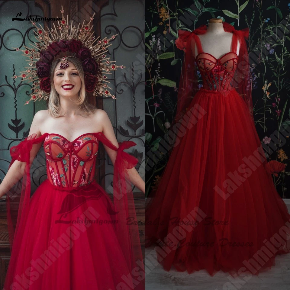 

Lakshmigown Fairy Red Gothic Women Wedding Gowns Corset Lace Up Back 2023 Vestido De Novia Civil Boho Bridal Beach Wedding Dress