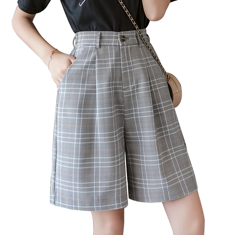 Women Summer Elegant All-match Loose Straight Shorts with Belt Female High Waist Vintage Plaid Wide Leg Suits Shorts Office Lady