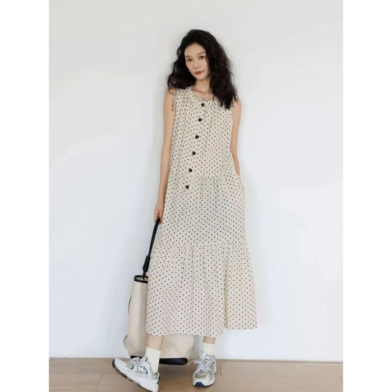 Французское длинное платье-жилет в горошек женское элегантное платье-майка с