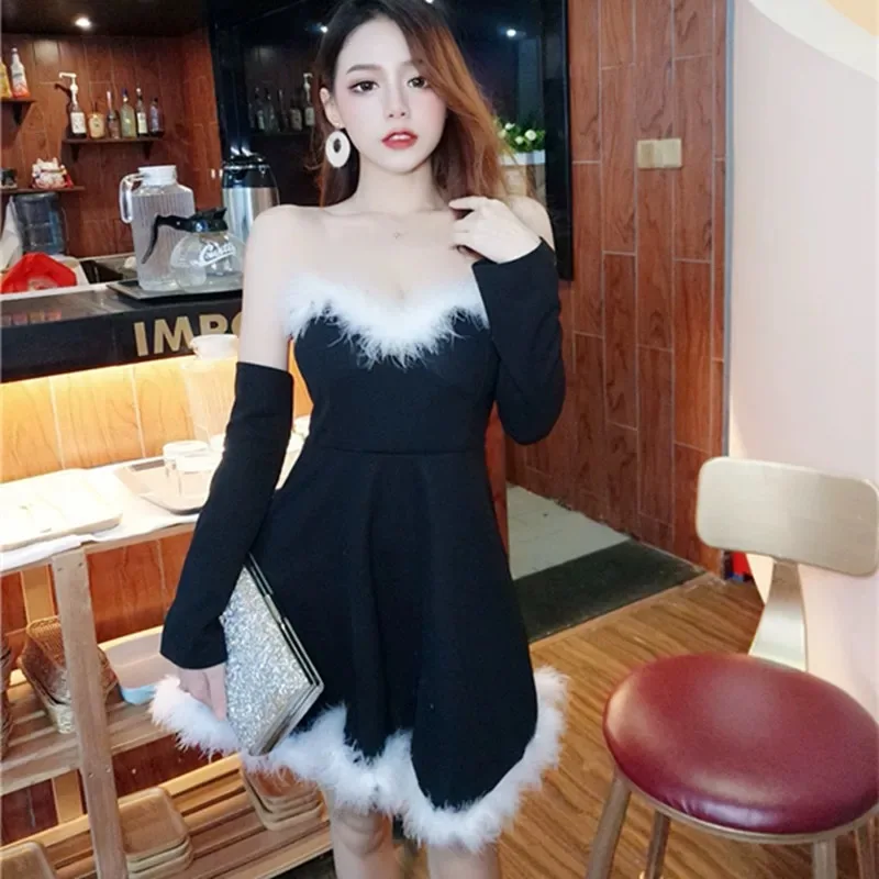 Очаровательное рождественское меховое платье женское сексуальное вечернее ужин