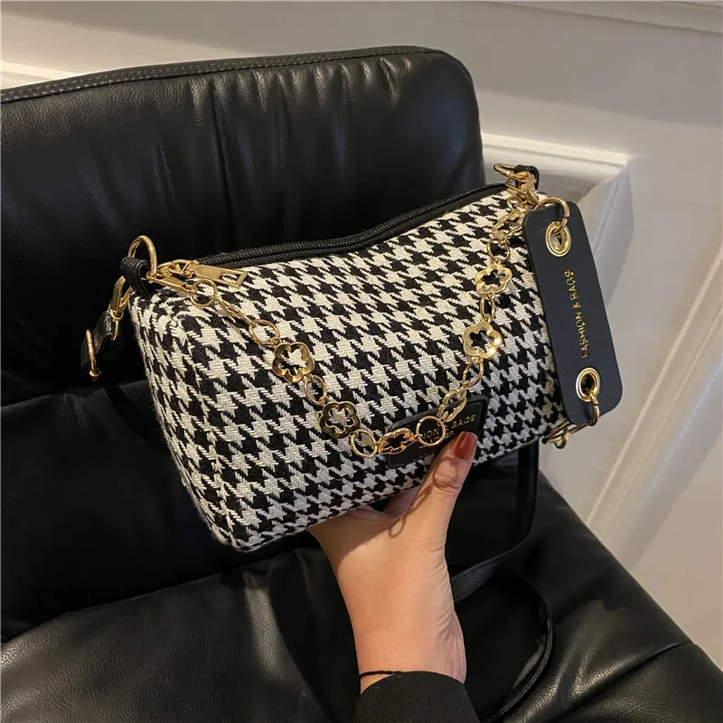 

Fashion Houndstooth Shoulder Bags For Women Underarm Flap Spring New Design Handbag Women's Leather Luxury Crossbody Woman Bags