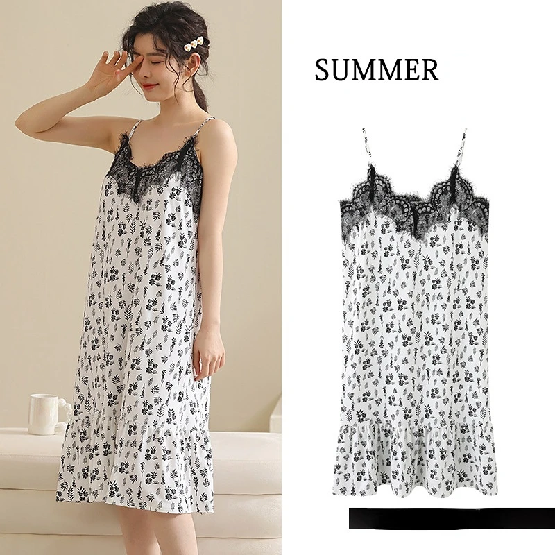 Sexy Women Nightgowns Ice Silk Nightdress Female SleepDress Floral Sleepshirt Sleepwear Sleeveless Nightwear Homewear Pajama