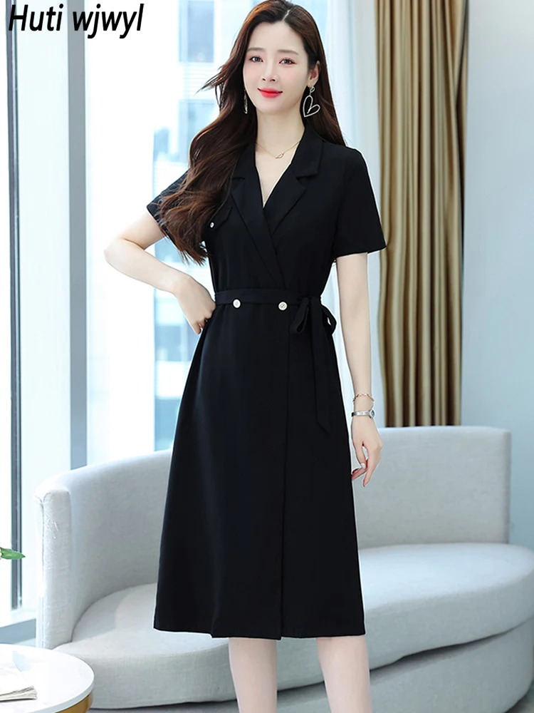 

2023 Black Bouble Breasted Midi Suit Dress Spring Summer Korean Vintage Chic Party Dress Women Elegant Bodycon Office Lady Dress