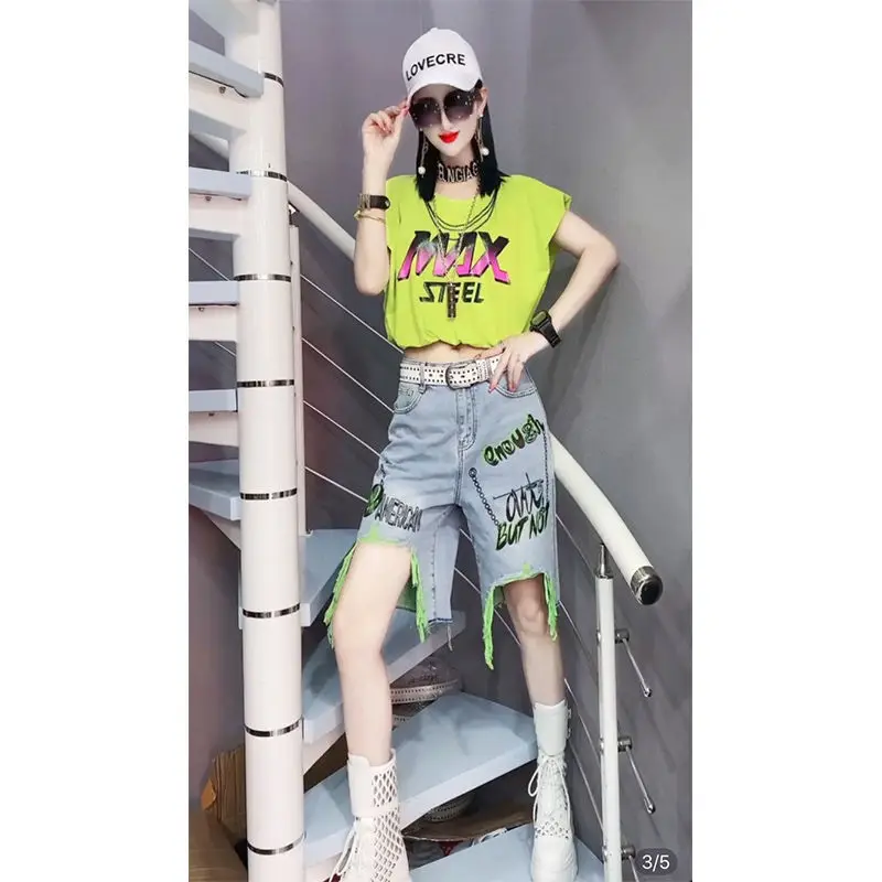 

Y2K Fashion Letter Print Fairy Tale Summer White Crop Top Slim Fit 2022 New Streetwear Harajuku Short Sleeve T Shirt Jeans Set