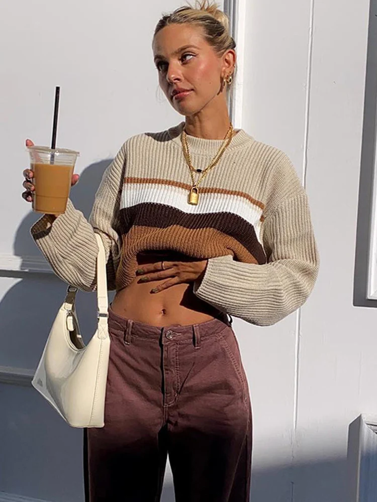 

Женский свитер в полоску, в стиле пэчворк, Повседневный пуловер в рубчик с круглым вырезом, женские свитера с длинным рукавом, новинка сезон...