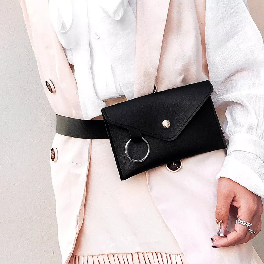 

New Fashion Women's Shoulder Crossbody Bag Pure Color Ring PU Messenger Chest Fanny Pack Lady Belt Bag Leather Waist Bag