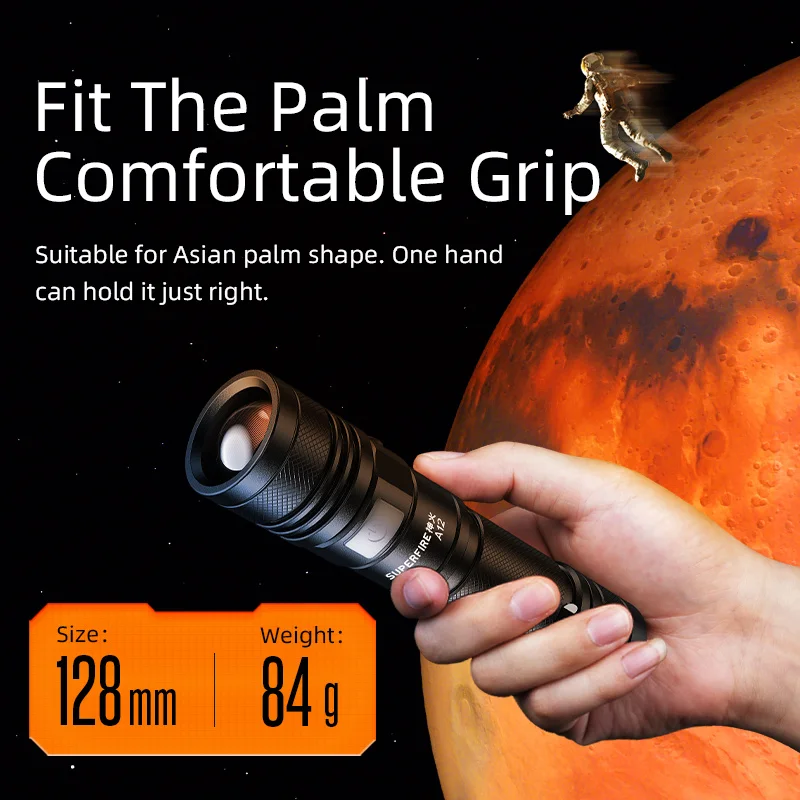 SUPERFIRE A12 Мощный светодиодный фонарик USB перезаряжаемый масштабируемый