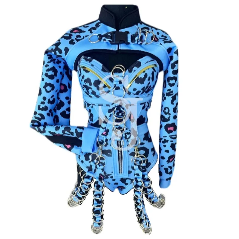 Бар ночной клуб певец концертный костюм Drag Queen синий леопардовый боди с