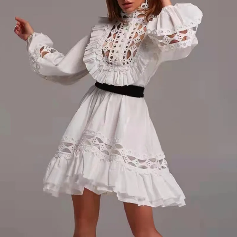 

hollow A-line skirt 2022 spring and summer new hook flower hollow lace collar button lantern sleeve dress