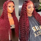 30, 40 дюймов, 99j, бордовый, глубокая волна, 13x 4, парики из человеческих волос на фронтальной шнуровке, красные, цветные, кудрявые, хайлайт, 4x4, Фронтальная застежка, парик для женщин