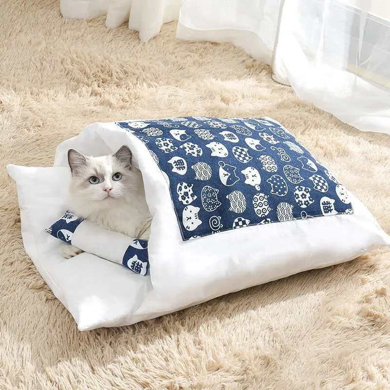 

Four Seasons Japanese Cat Bed Winter Removable Warm Cat Sleeping Bag Deep Sleep Pet Dog Bed House Cats Nest Cushion with pillow