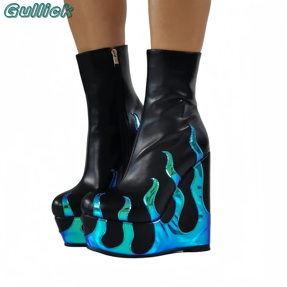 Женские ботинки с острым носком синие до середины икры на толстой танкетке