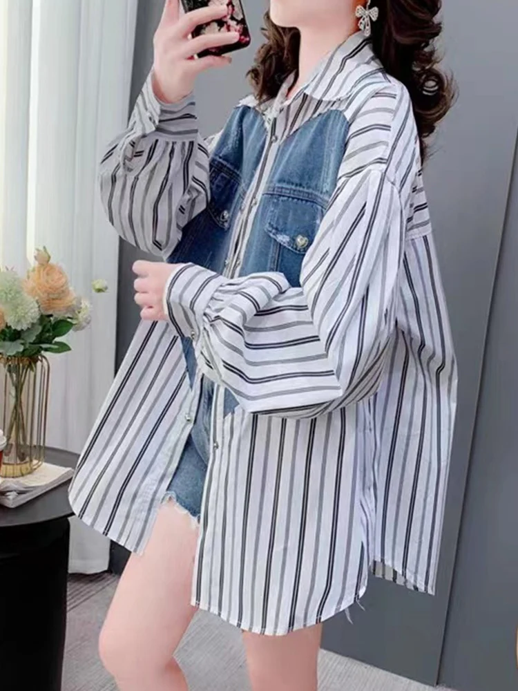 

Casual Denim Patchwork Long-Sleeved Shirt Medium And Long Lapel Loose Top 2023 New Korean Fashion Women'S Clothing