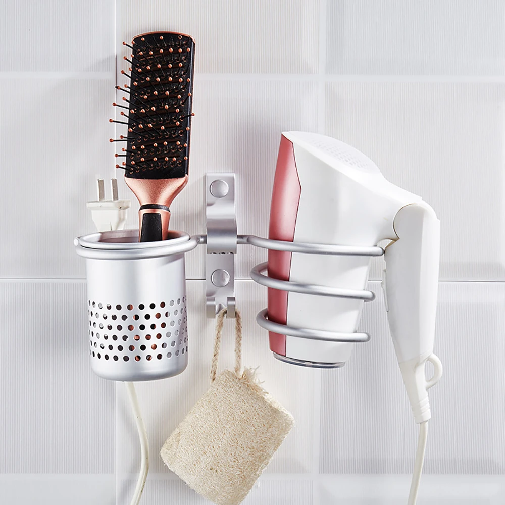 

Wall Mounted Aluminium Hair Dryer Bracket Punch Bathroom Shelf Hair Comb Brush Straightener Holder Bathroom Organizer Storage