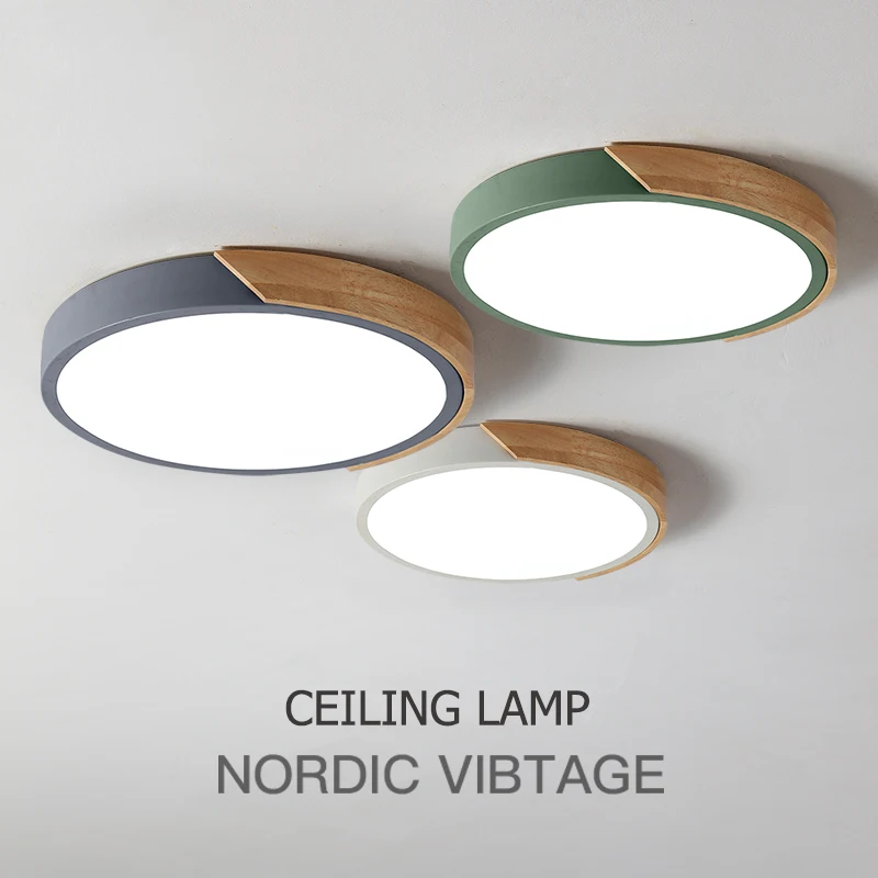 $28.56 Ceiling Lights LED Modern Nordic Round Lamp Wooden Home Living Room Bedroom Lustre Lamp Mounted Lighting Fixture Remote Control