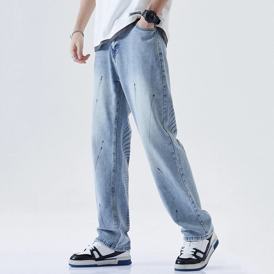 Men's Jeans High Street Fishbone Printed Jeans Men's Korean Version of The Trend of Loose Straight Wide-leg Pants Ins Hot Sale