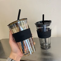 350ml 450ml coffee cup water bottle thick glass mug heat resistant milk juice cup drinkware travel sealed non slip set straw mug