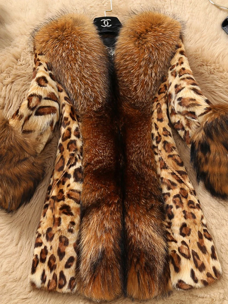 FMFSSOM Winter New Women Faux Lamb Fur Coat Fashion Casual Thick Warm Leopard Fur Collar Patchwork Mid-Calf Faux Coat