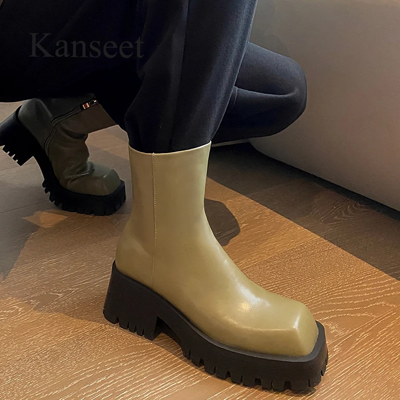 

Женские короткие ботинки Kanseet на платформе, новая осенне-зимняя обувь из натуральной кожи, с квадратным носком, на толстом высоком каблуке, женские ботильоны зеленого цвета