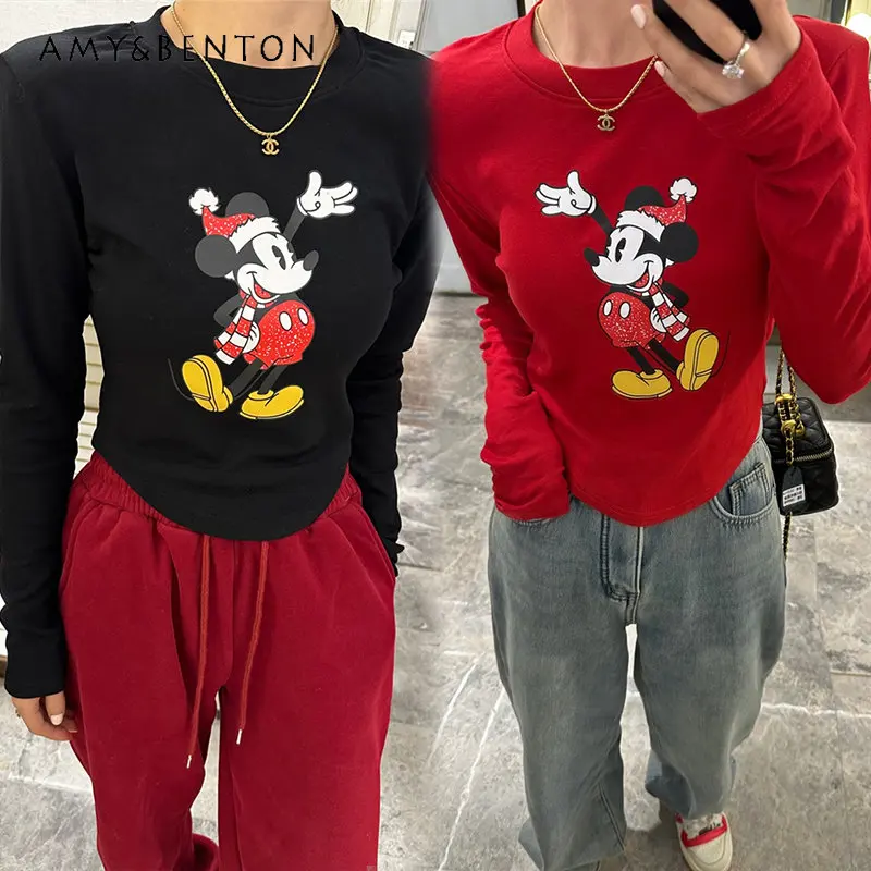 

2023 Spring New Tshirts Cartoon Printed Bottoming Top T-shirt Women Western Style Slim Fit Inner Wear Blouse Tee Women Pullovers