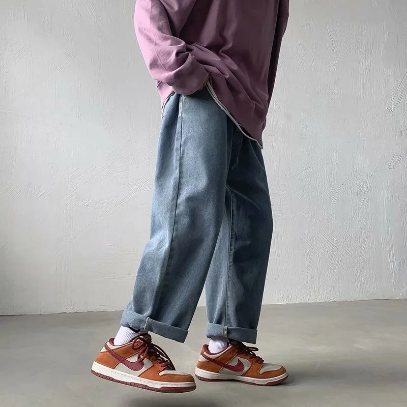 Blue Black Drawstring Jeans Men Fashion Retro Casual Wide Leg Jeans Mens Streetwear Loose Hip Hop Straight Denim Pants Men S-3XL