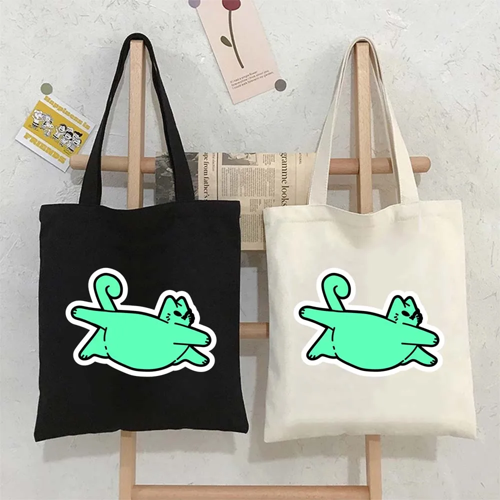 

Tote Bags for Women Cute Fat Green Alien Cat Canvas Shopping Beach Bag Large Capacity Reusable Handbags