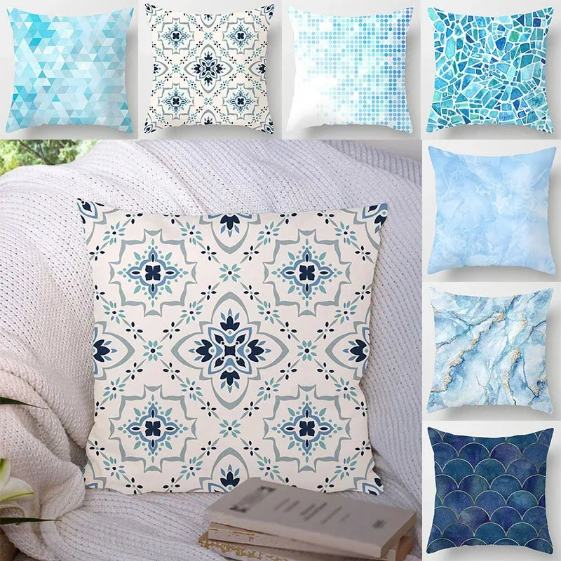 

45*45cm Modern Simple Blue Geometric Marble Pillow Cover Home Sofa Decorative Pillowcase Bedroom Cushion Cover Decorations