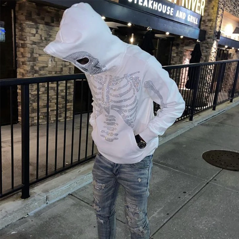 

Rhinestone Hoodie Skeleton White Sweatshirt Oversized Hoodies Grunge Y2K Clothes Fashion Skull Hooded Jacket Long Sleeve Tops