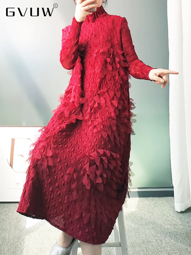 

GVUW Women Pleated Solid Mid-length Dress Long Sleeve Three-dimensional Flower Turtleneck Loose Dresses 2023 Spring New 17D1188A