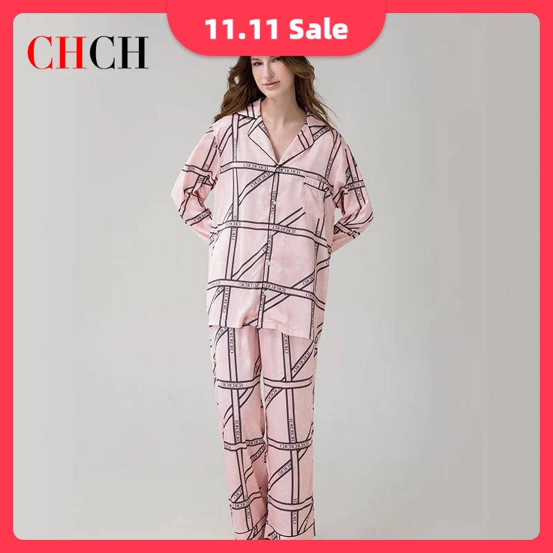

CHCH 2022 New Men's and Women's Home Pajamas Set Long Sleeves Trousers Polyester + Spandex Loose Comfortable Couple Pajamas Set