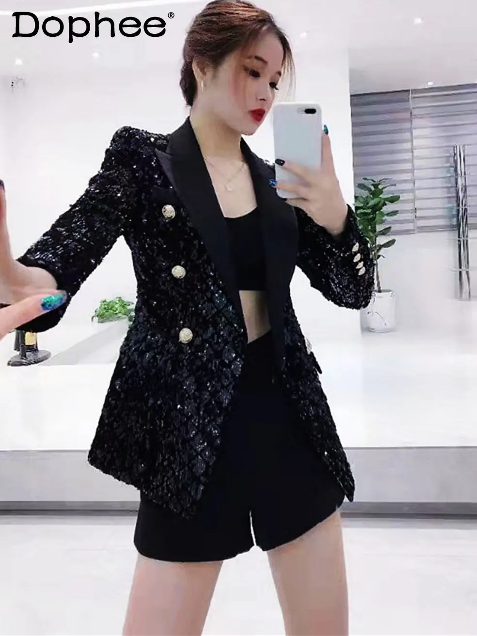 

Elegant Double-Breasted Sequined Shiny Suit for Women 2023 Spring Autumn Commute Slim-Fit Long Sleeve Solid Black Blazer Coat