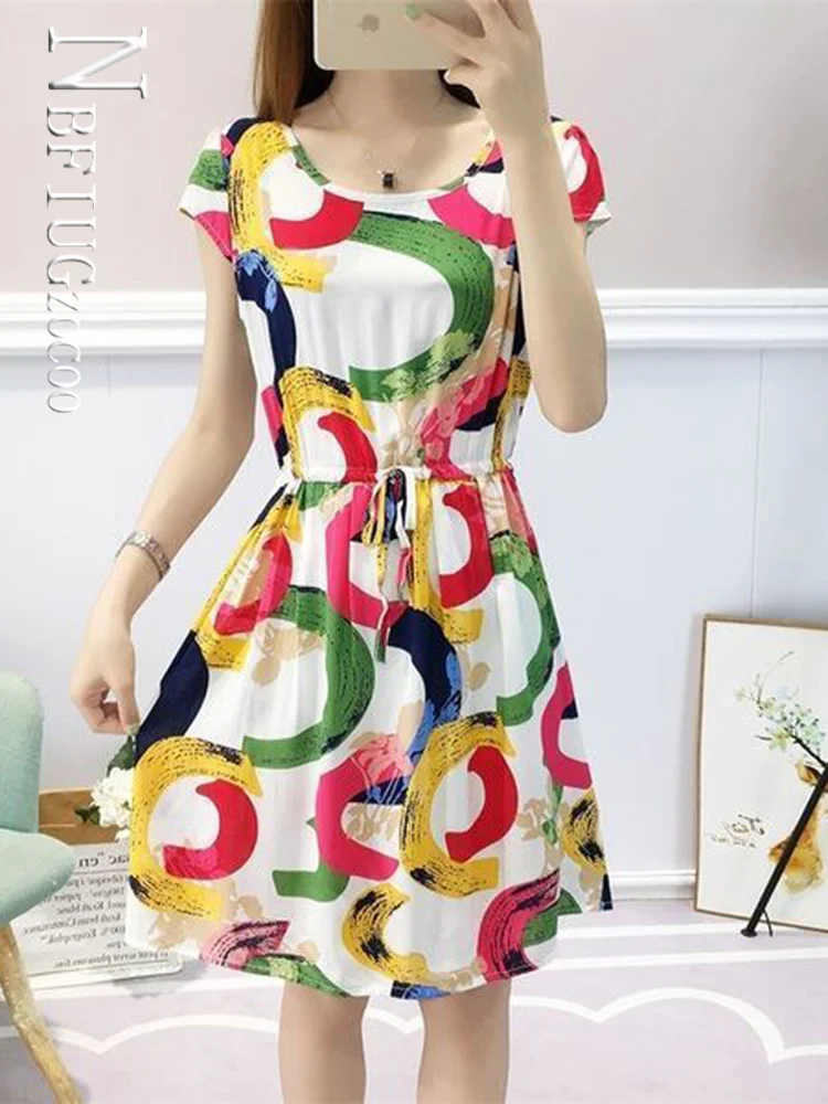 

2022 Summer New Floral Women Dress Round Neck Drawstring Female Dresses