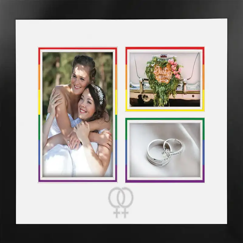 

LGBTQ Wedding Multi-Photo Frame with White & Rainbow Mat -Silver Interlocking Woman DIY Wedding
