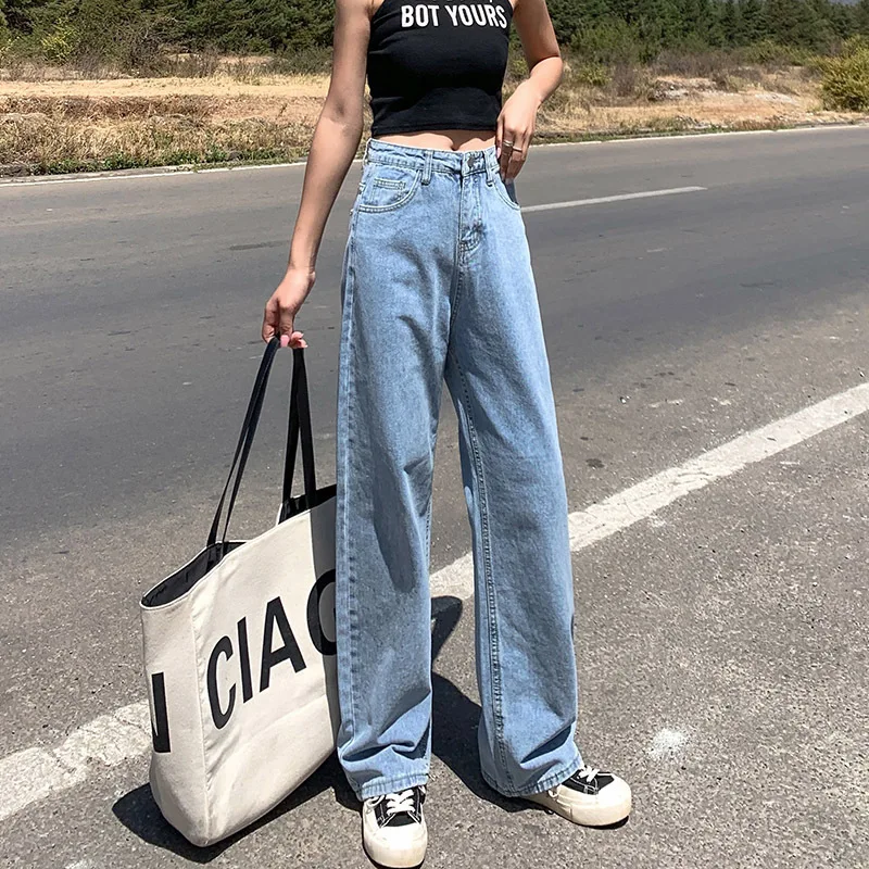 

High Waist Wide Leg Denim Blue Streetwear Retro Quality Fashion Women's Jeans Harajuku Loose Straight-leg Pants Women Denim
