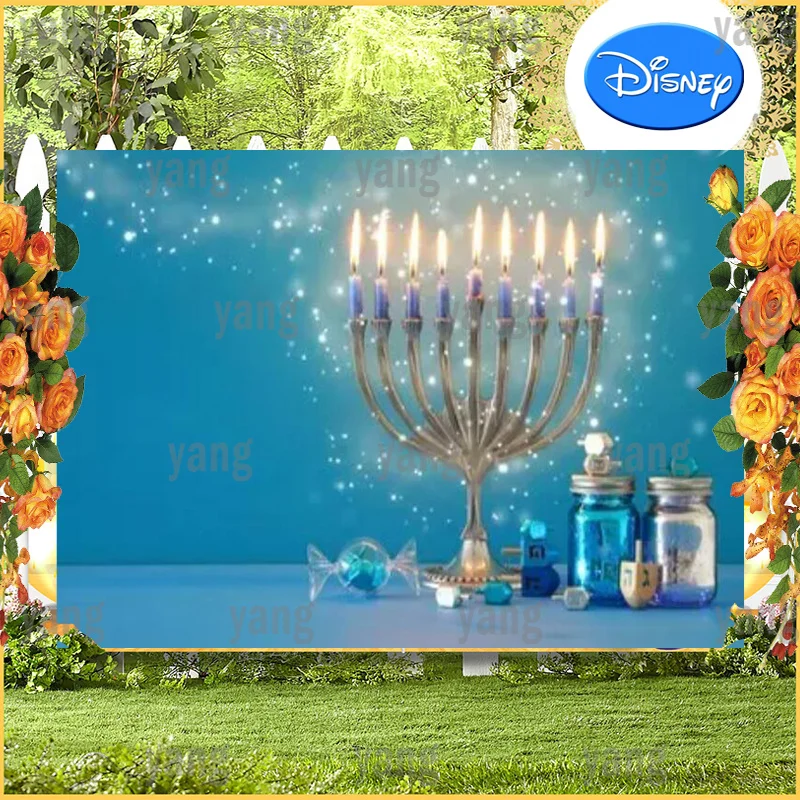 Blue Backdrop Golden Five-Pointed Star Happy Hanukkah Menorah Candelabra Candle Dreidel Jewish Holiday Family Glitter Background