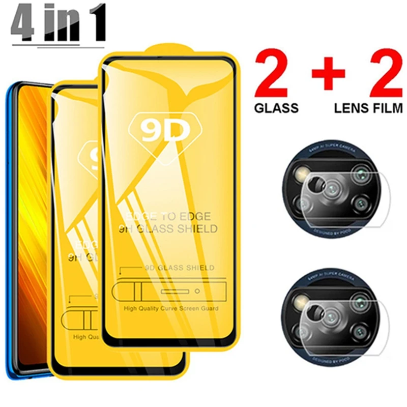 

4-in-1 9D Tempered Glass for Xiaomi Poco X3 NFC F2 Pro X3Pro Screen Protectors Camera Lens Film for Xiaomi Poco M3 F3 X3 Glass