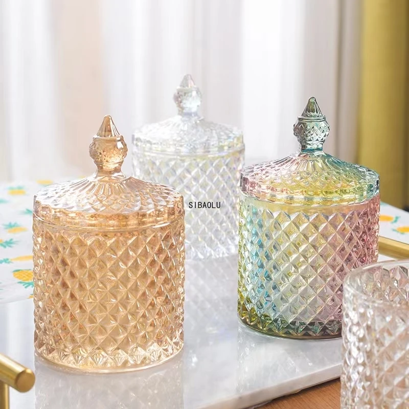 

Crystal Glass Jar European-style Diamond Pattern Candy Storage Box Cotton Swab Box Sealed Jar Living Room Home Furnishings Can