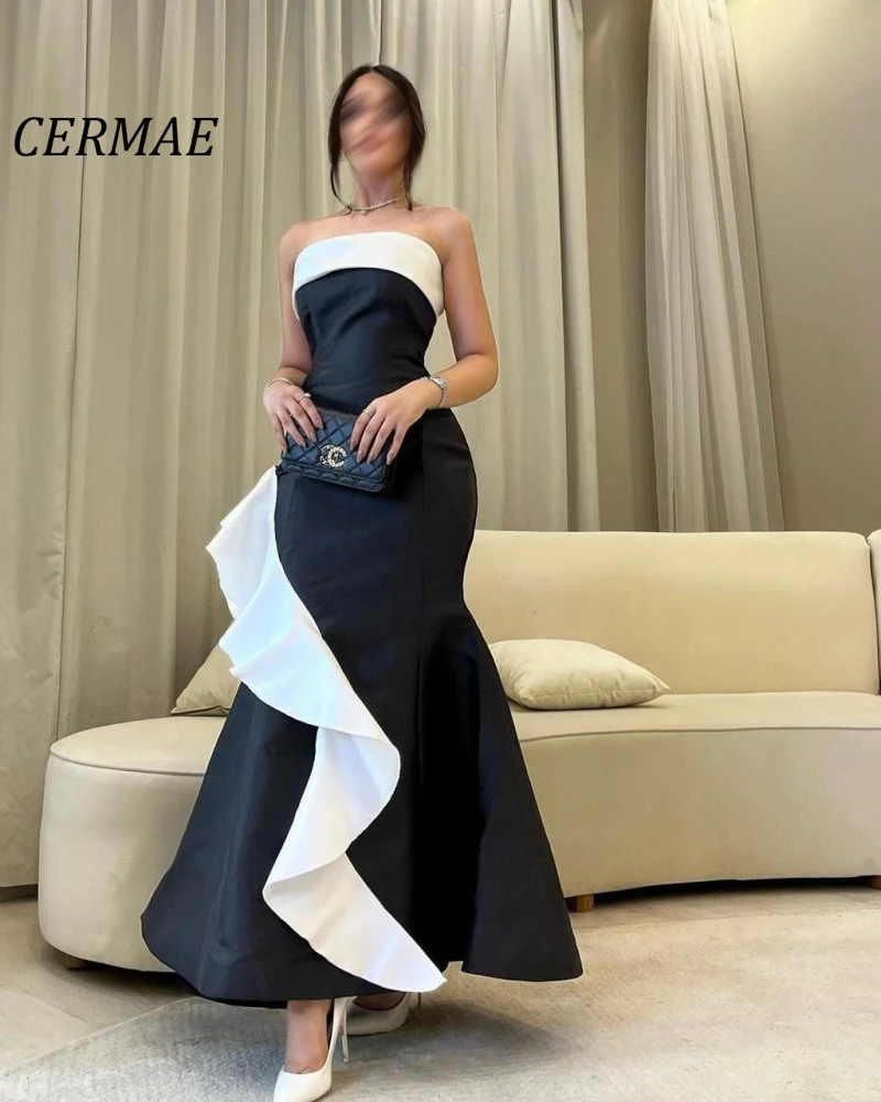 

CERMAE Strapless Long Sheath Chiffon Evening Gown Prom White with Black A-Line Party Formal Dresses for Women 2023