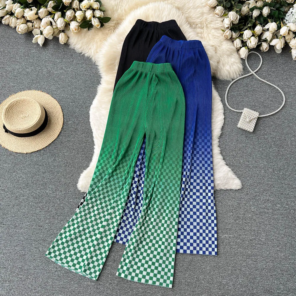

VANOVICH Gradient Color Plaid Wide-leg Pants Women's 2022 Summer New High-waisted Casual Loose Folds Temperament Fashion Pant